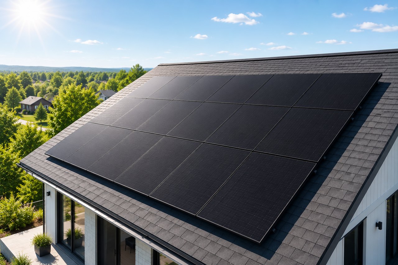 Rooftop solar array on modern home